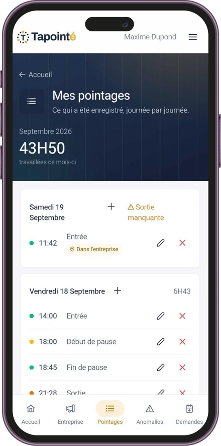 Le relevé des pointages sur téléphone, journée par journée