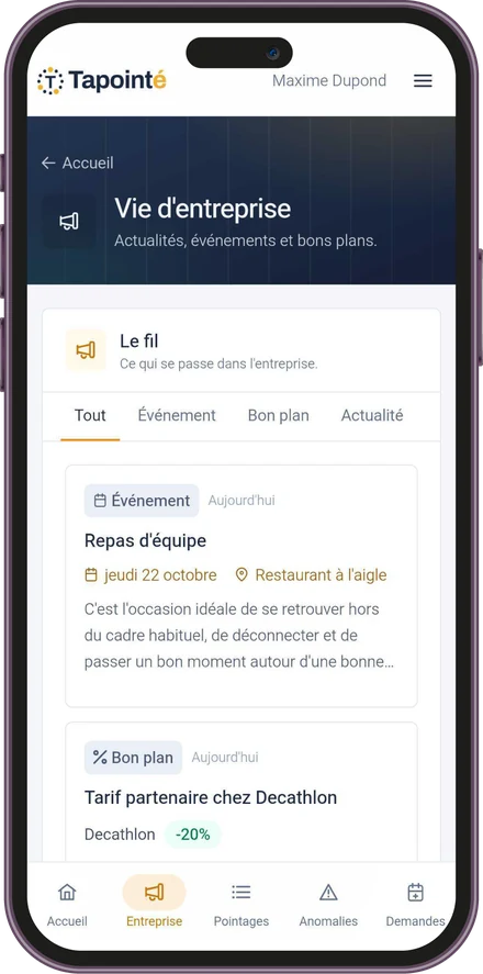 Le fil de l'entreprise sur téléphone : événements, bons plans et actualités