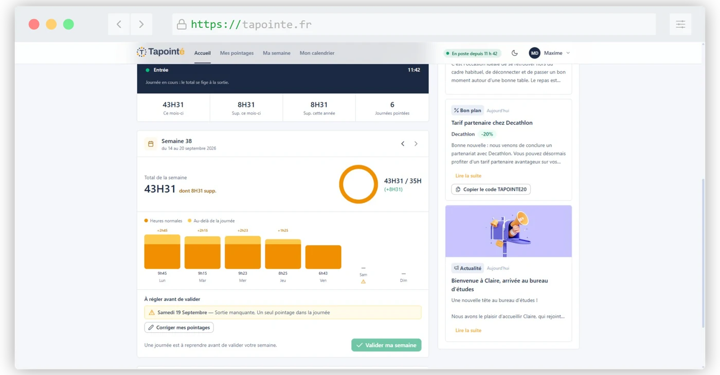 Le récapitulatif de la semaine, avec le total et le bouton de validation